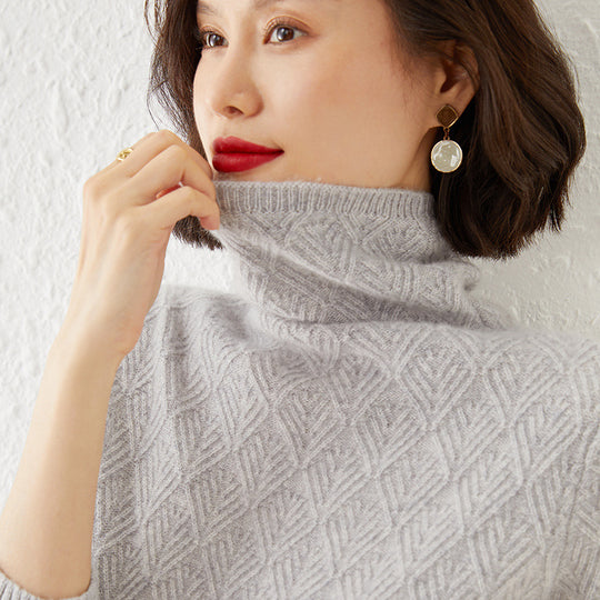 Damen Luxuriöser Mohair‑Mix Rollkragenpullover mit diamantgewNord Taschenter Ajourstruktur Nord Taschen