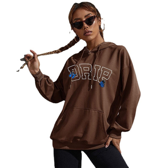 Damen Oversize-Kapuzenpullover mit Kängurutasche und Schmetterling-Stickerei Nord Taschen
