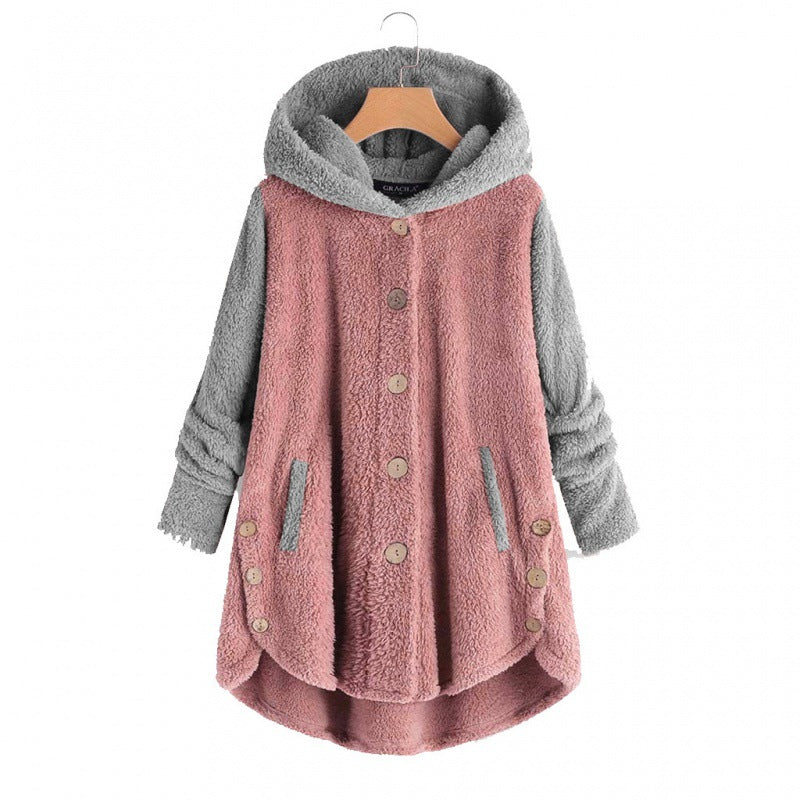 Damen Oversized Teddy-Mantel mit Kapuze, asymmetrischem Zipfelsaum und Holzknopf-Leiste Nord Taschen