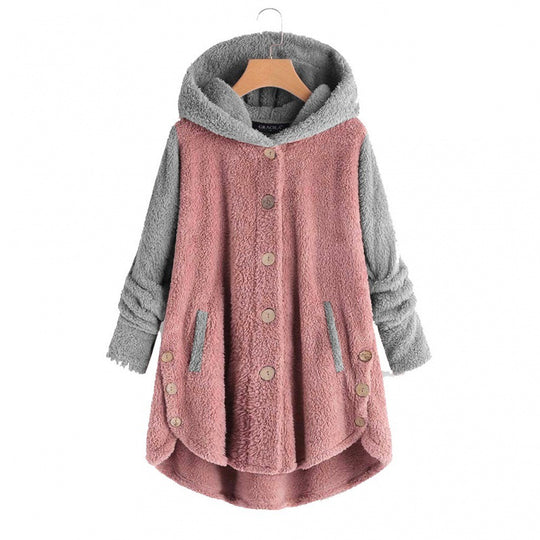 Damen Oversized Teddy-Mantel mit Kapuze, asymmetrischem Zipfelsaum und Holzknopf-Leiste Nord Taschen