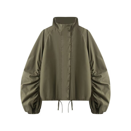 Damen Übergangsjacke mit weitem Ballonärmeln, Stehkragen und Tunnelzug Nord Taschen