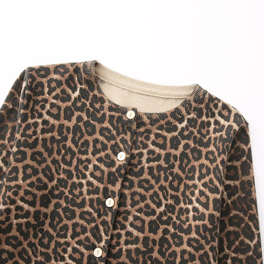 Damen Feinstrick-Cardigan mit Leoprint, Rundhals und durchgehender Knopfleiste Nord Taschen