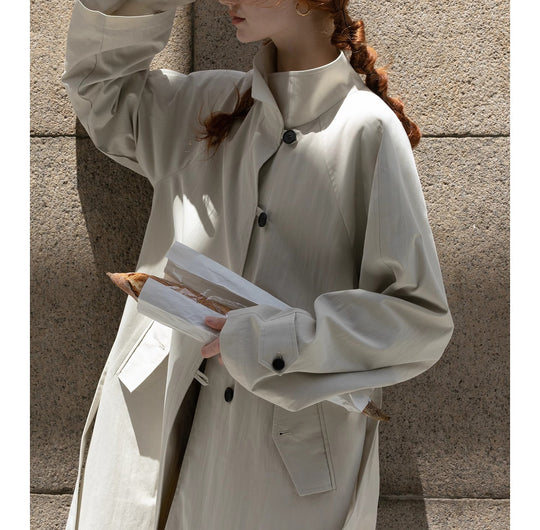 Damen Leichter Oversize-Trenchcoat mit hohem Stehkragen, verstellbaren Manschetten & Bindegürtel Nord Taschen
