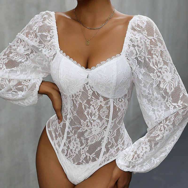 Damen Spitzen-Corsage mit Herzausschnitt, integrierten Cups und transparenten Puffärmeln Nord Taschen