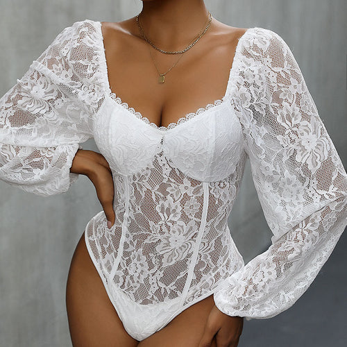 Damen Spitzen-Corsage mit Herzausschnitt, integrierten Cups und transparenten Puffärmeln Nord Taschen