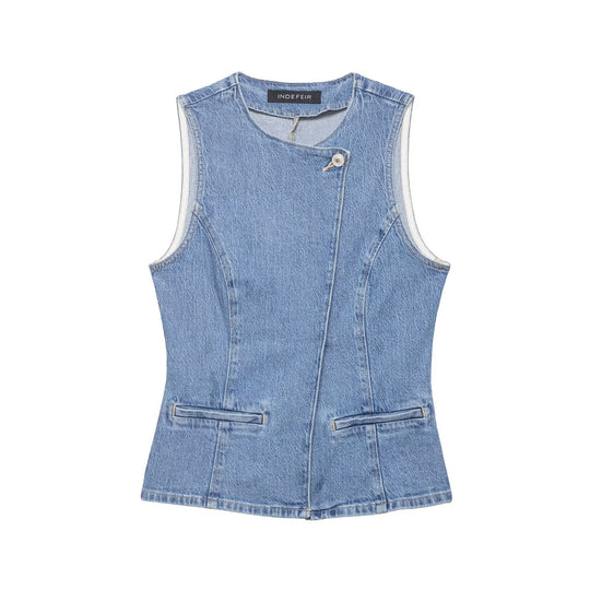 Damen Taillierte Jeansweste mit asymmetrischer Knopfleiste und Wiener Nähten Nord Taschen