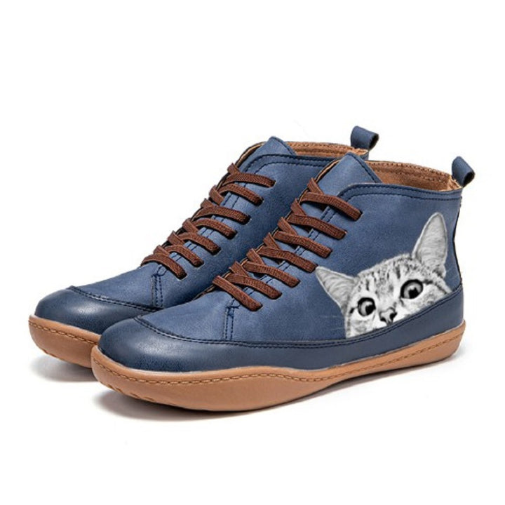 Damen nan High-Top Sneaker mit geprägtem Katzenmotiv weiches Kunstleder und gepolstertes Komfortfußbett Nord Taschen