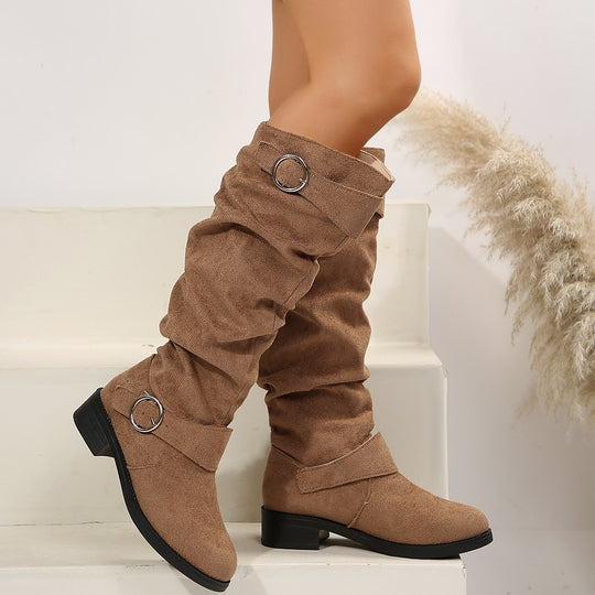 Damen Slouch-Stiefel mit verstellbaren Zier-Schnallen und Veloursoptik Schaft Nord Taschen