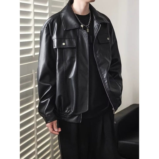 Herren Kurz geschnittene Oversized Kunstleder-Utility-Jacke mit Brustklappen und durchgehendem Reißverschluss Nord Taschen