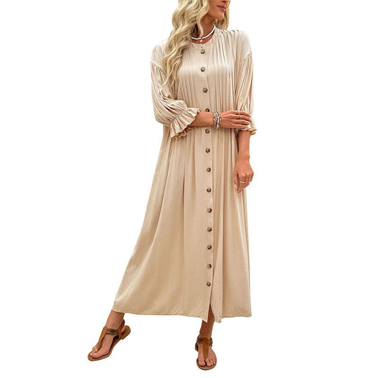 Damen Maxikleid mit durchgehender Knopfleiste, plissierter Brustpartie und Volantärmmel Nord Taschen
