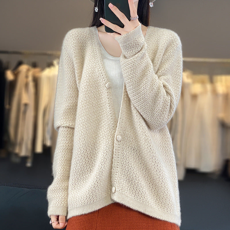 Damen Offener Ajour-Strickcardigan mit dezentem Flauschfinish und kastiger Oversize-Silhouette Nord Taschen