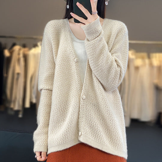 Damen Offener Ajour-Strickcardigan mit dezentem Flauschfinish und kastiger Oversize-Silhouette Nord Taschen