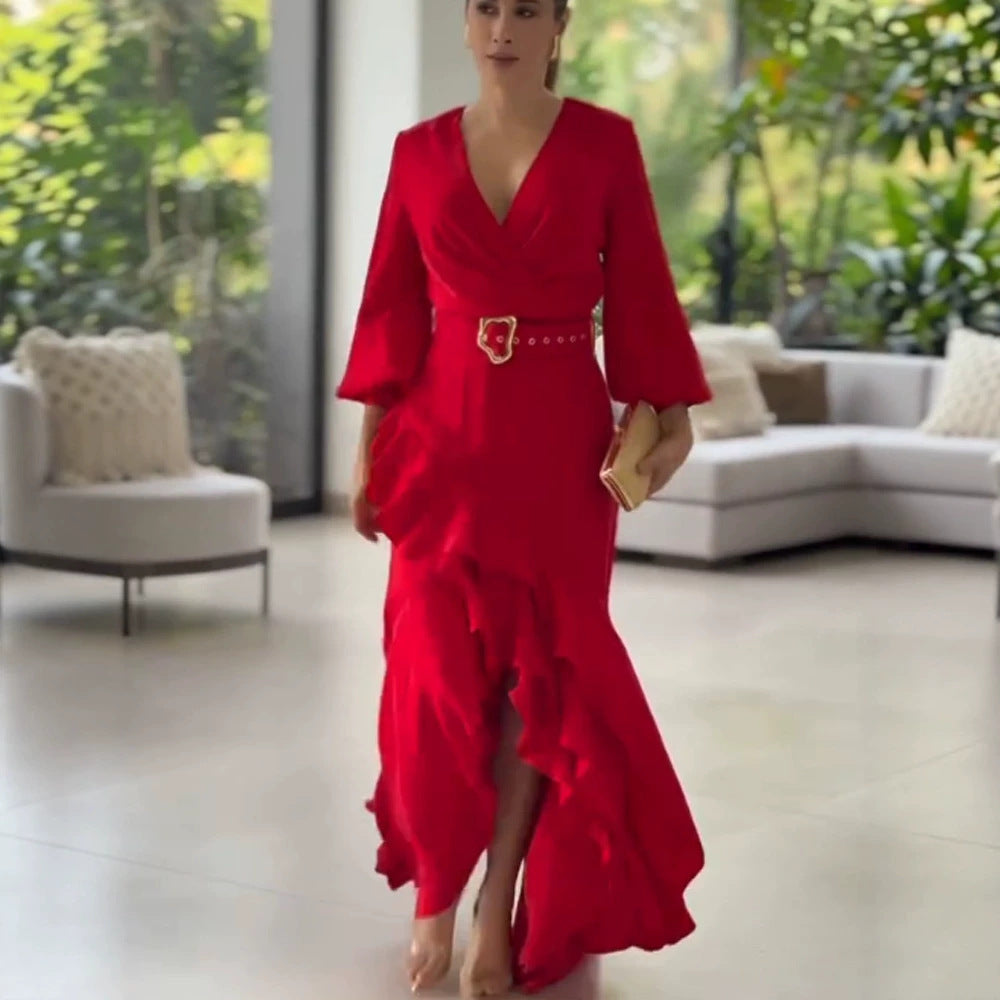Damen Elegantes Wickel-Maxikleid mit Volants, tailliertem Gürtel & weitem Glockenärmel Nord Taschen