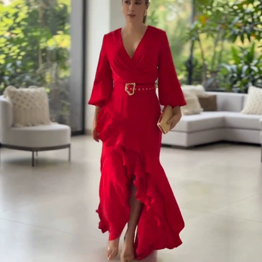 Damen Elegantes Wickel-Maxikleid mit Volants, tailliertem Gürtel & weitem Glockenärmel Nord Taschen