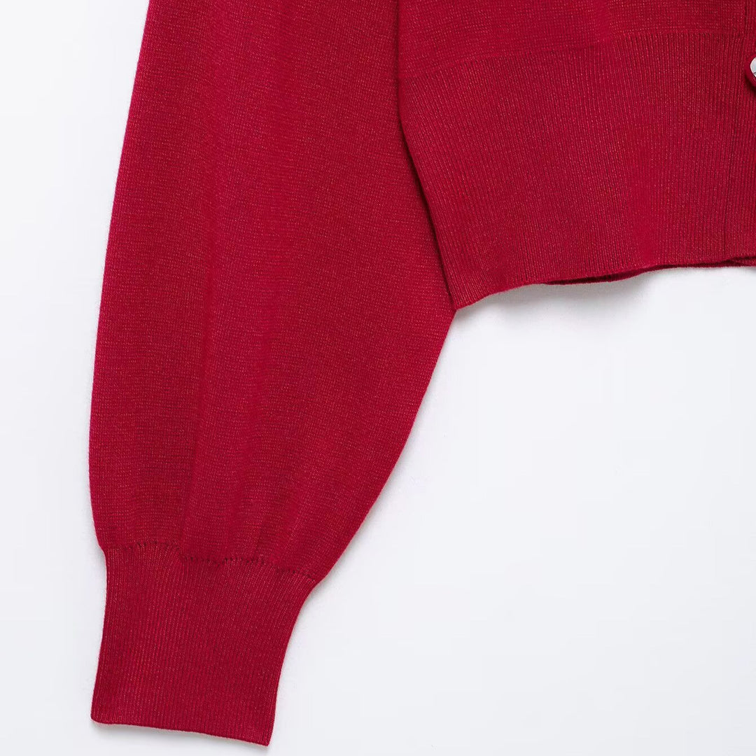Damen Cropped Strickcardigan mit Ballonärmeln und Herz‑Zierknöpfen Nord Taschen