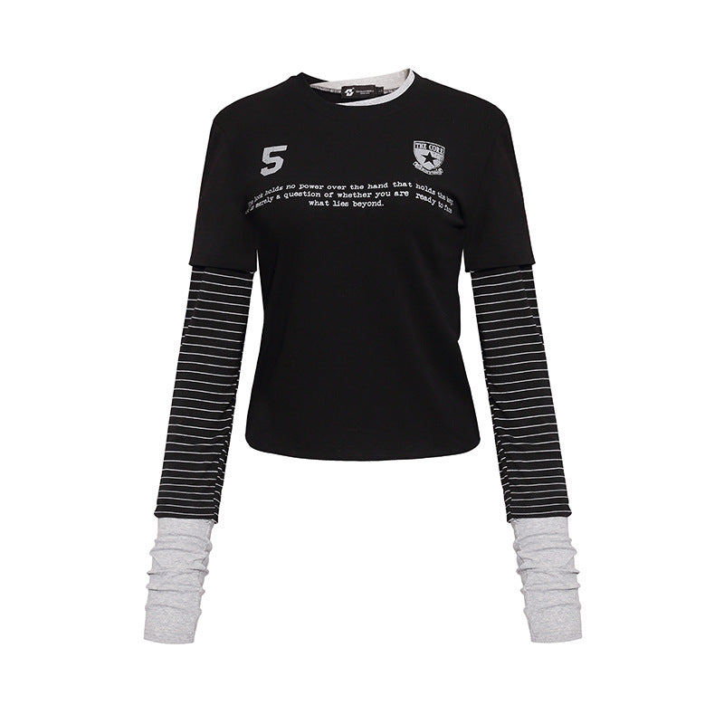 Damen Lagenlook-Langarmshirt mit gestreiften Einsatzärmeln und Badge Nord Taschen