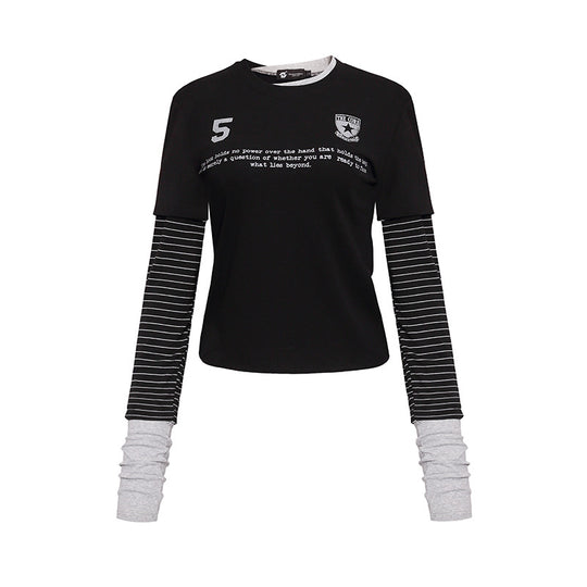Damen Lagenlook-Langarmshirt mit gestreiften Einsatzärmeln und Badge Nord Taschen