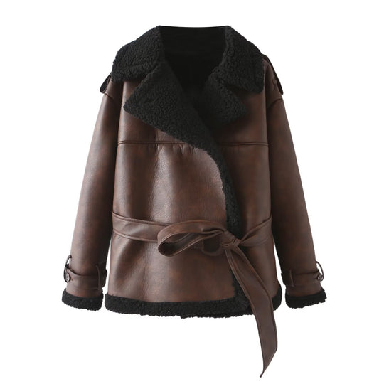 Damen Taillierter Aviator-Mantel aus Kunstleder mit Teddyfutter und Bindegürtel Nord Taschen