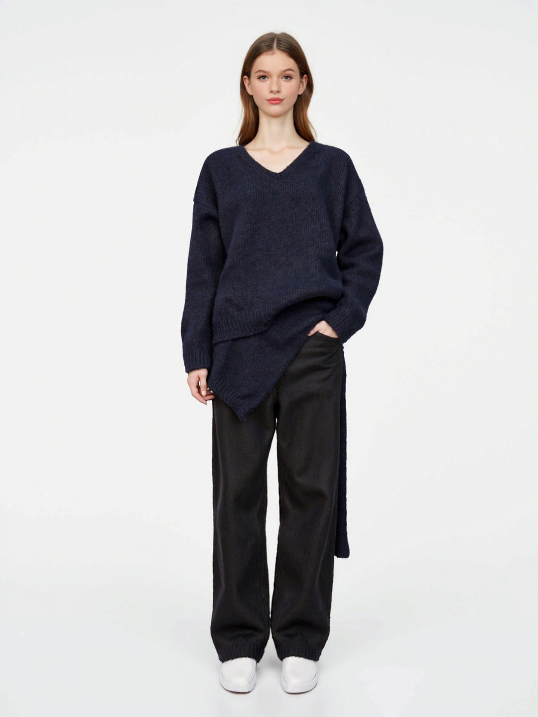 Damen Oversize Strickpullover mit integriertem Schal und weitem Schulterkragen Nord Taschen
