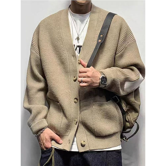 Herren Oversized Strickcardigan mit Ellenbogen-Patches und aufgesetzten Taschen Nord Taschen