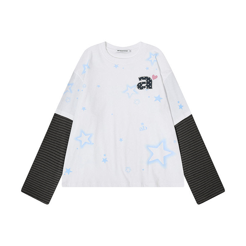 Damen Layered-Langarmshirt mit gestreiften Einsatzärmeln, Stern-Print und Applikation Nord Taschen
