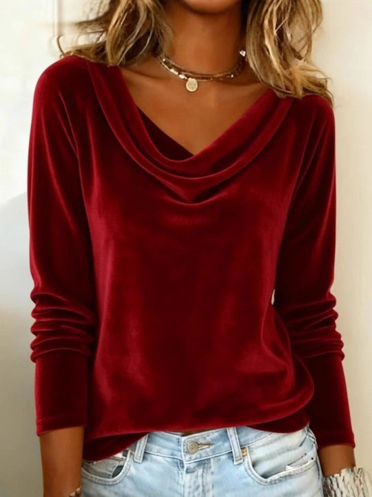 Damen Samt-Longsleeve mit Wasserfallkragen und legerem Schnitt Nord Taschen