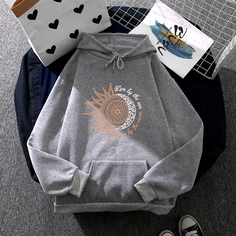 Damen nan Kapuzenpullover mit Sonn-und-Mond-Mandala, Kängurutasche und angerautem Fleece Nord Taschen
