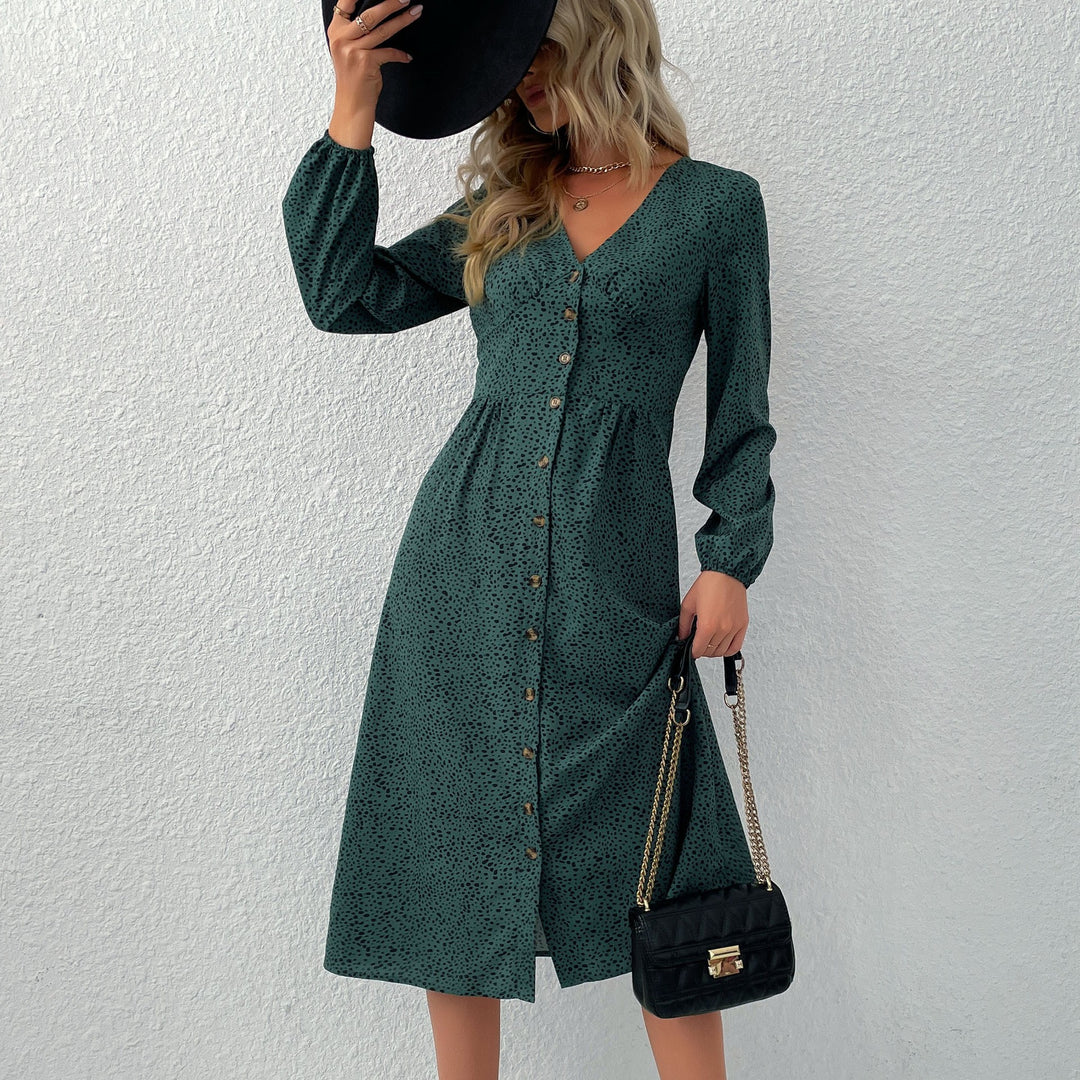 Damen V‑Ausschnitt Midikleid mit Knopfleiste, taillierter Schnitt und Ballonärmeln Nord Taschen