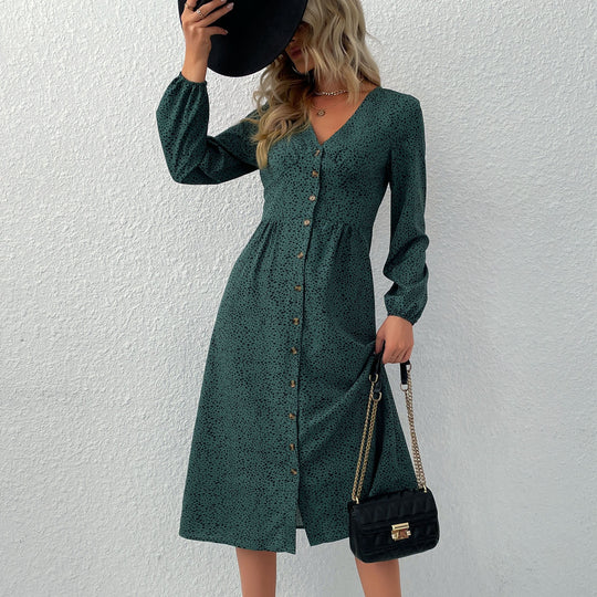 Damen V‑Ausschnitt Midikleid mit Knopfleiste, taillierter Schnitt und Ballonärmeln Nord Taschen