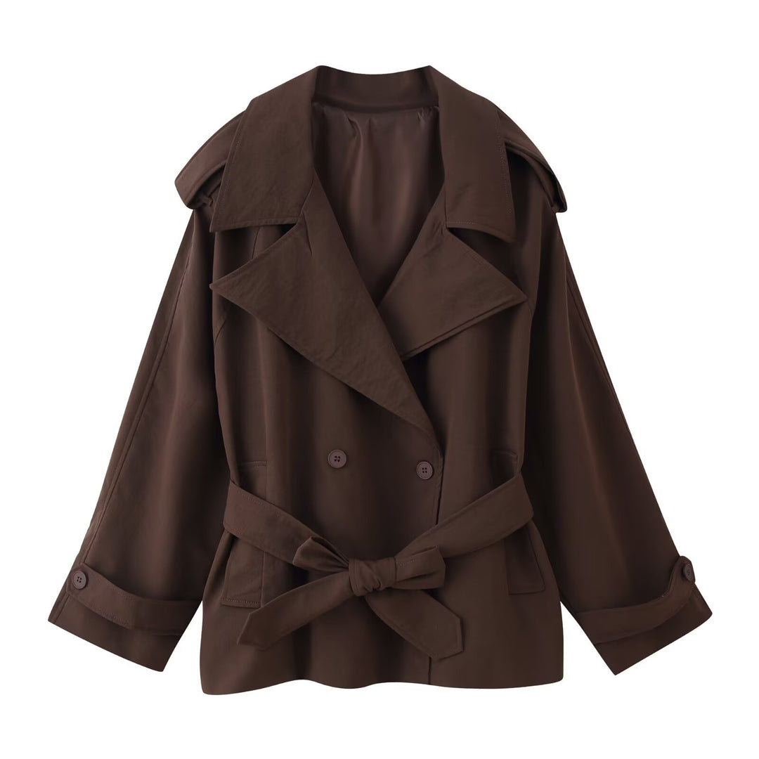 Damen 20+ kurzer doppeltreihiger Trenchblouson mit Taillengürtel und Epauletten Nord Taschen