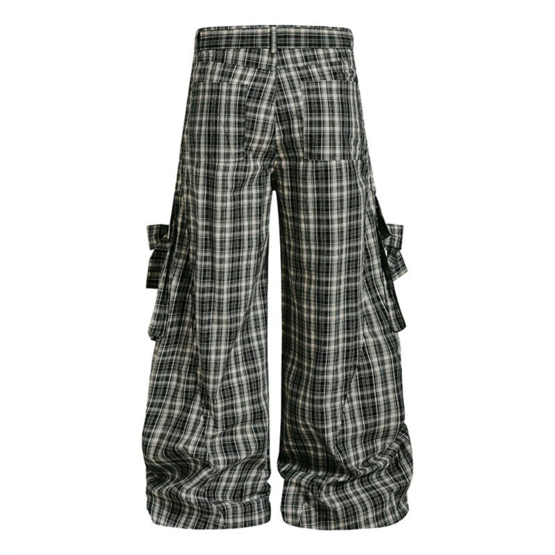 Damen karierte hochgeschnittene Cargo-Hose mit weitem Bein und Volant-Taschen Nord Taschen