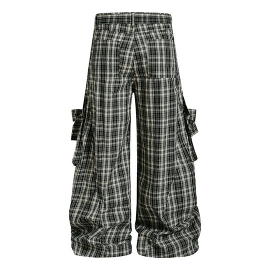 Damen karierte hochgeschnittene Cargo-Hose mit weitem Bein und Volant-Taschen Nord Taschen