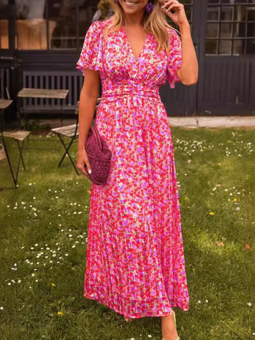 Damen Maxikleid mit floraler Raffung und V-Ausschnitt