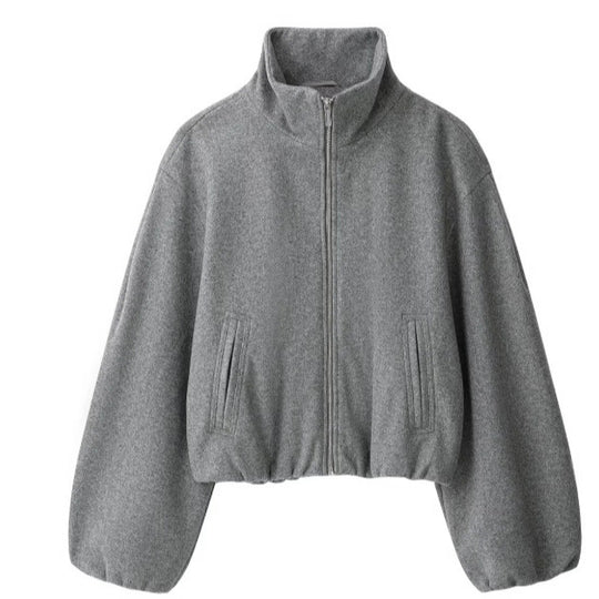 Damen Kurz geschnittene Wollmix-Jacke mit Stehkragen, Reißverschluss und Ballonärmeln Nord Taschen