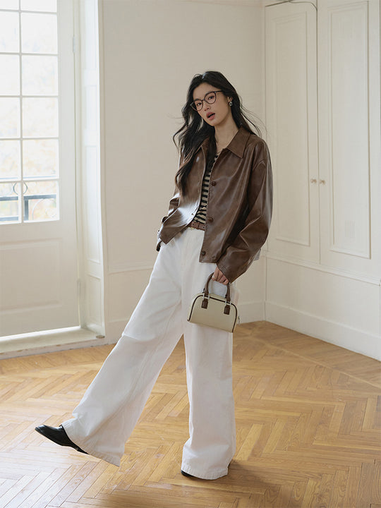 Damen Boxy-Lederoptik-Jacke mit Hemdkragen und Knopfleiste Nord Taschen