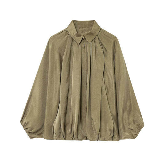 Damen Oversize-Hemdbluse mit Reißverschluss, Kräuselung und Ballonärmeln Nord Taschen