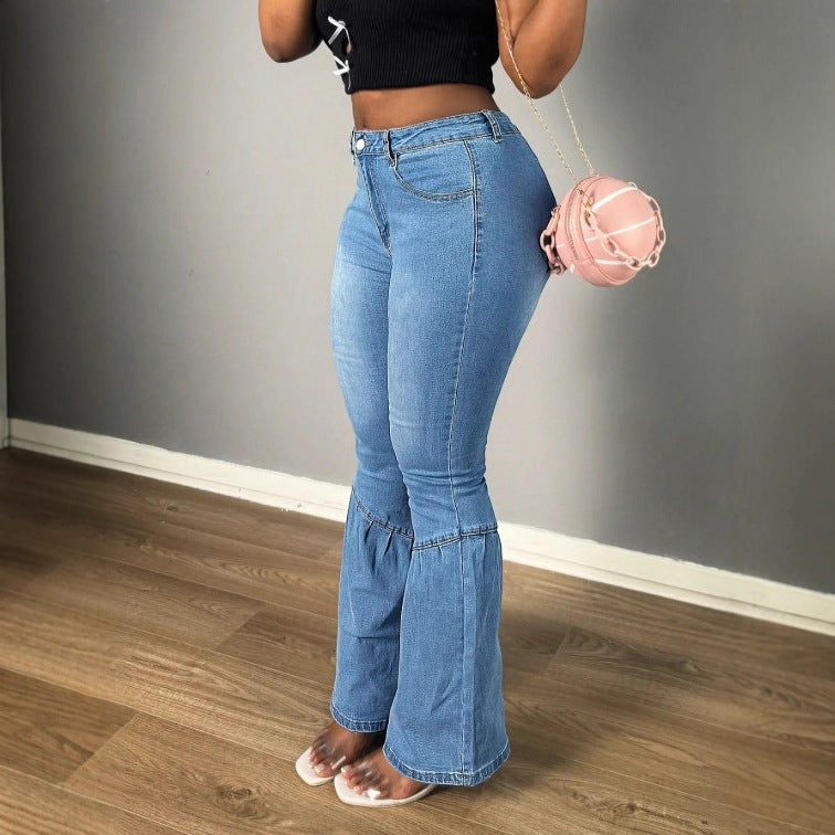 Damen Hochtaillierte Denim-Jeans mit stufenweisem Volant‑Flare und sculptendem Schnitt Nord Taschen