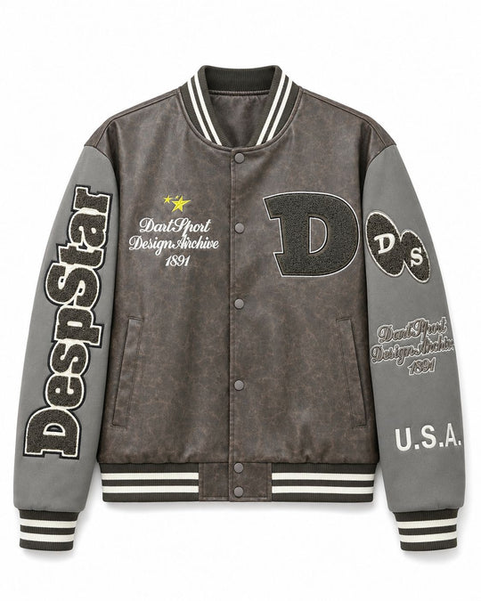 Herren Varsity-Bomberjacke im College-Stil aus Lederimitat mit Applikationen Nord Taschen