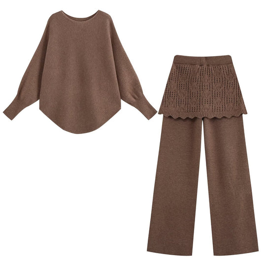 Damen Zweiteiliges Strick-Set mit Oversize-Pullover, Lochmuster-Miniüberrock und weiter Palazzohose Nord Taschen