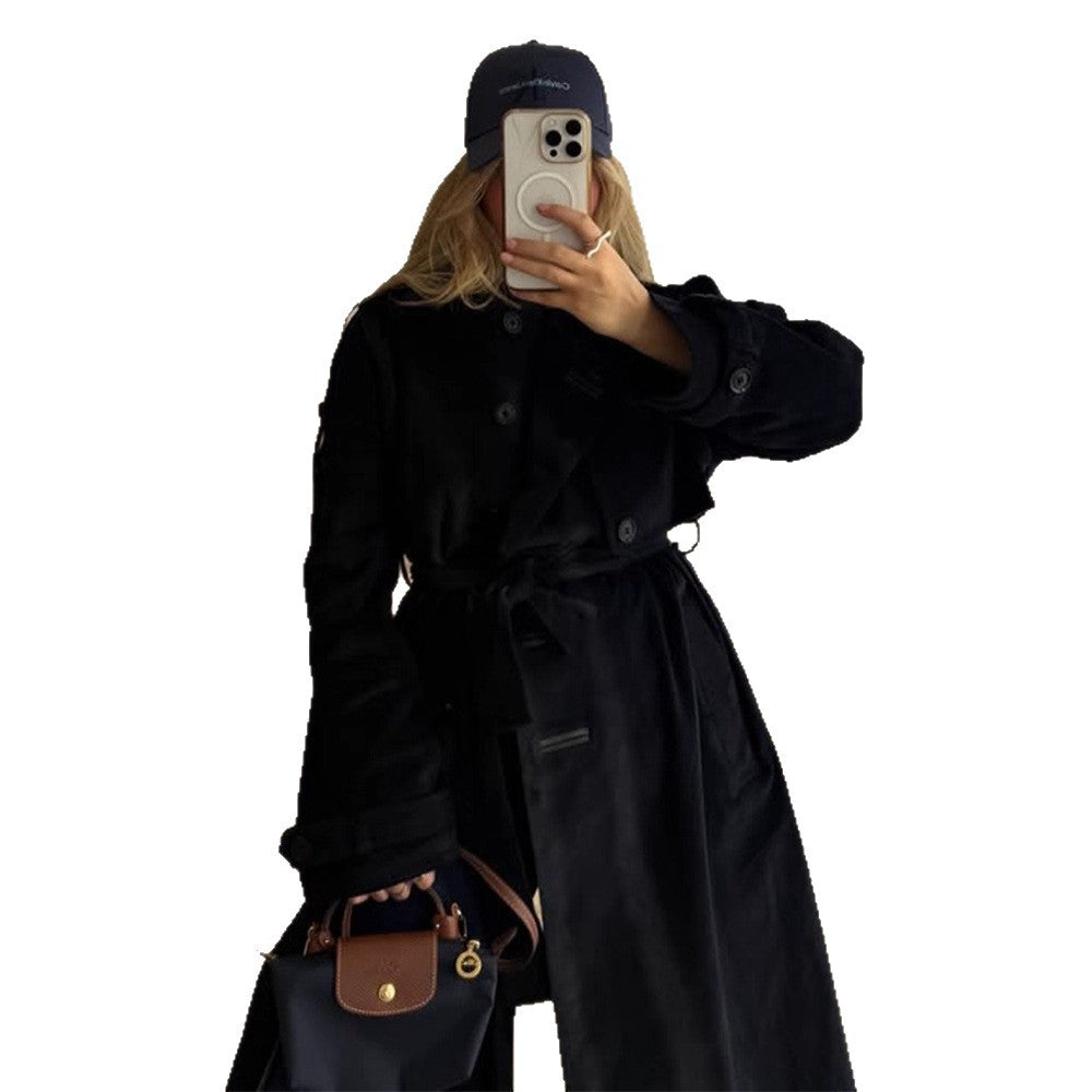 Damen langer Cord-Trenchcoat mit Bindegürtel und Oversize-Schultern Nord Taschen