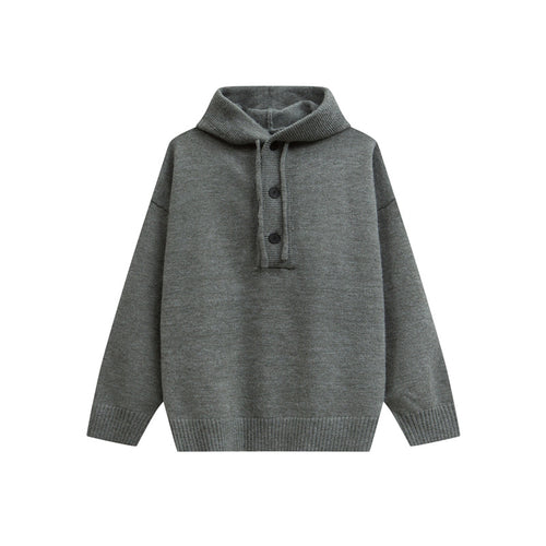 Damen Oversize Kapuzenstrickpullover mit halber Knopfleiste und Rippbündchen Nord Taschen