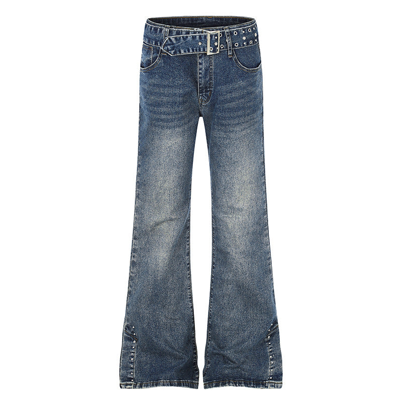 Damen High-Waist Flared-Denimjeans mit Nietenbesatz, weitem Schlag und Ziergürtel Nord Taschen