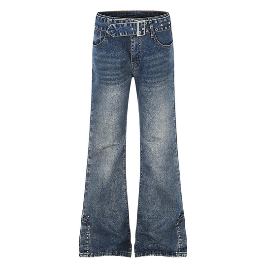 Damen High-Waist Flared-Denimjeans mit Nietenbesatz, weitem Schlag und Ziergürtel Nord Taschen