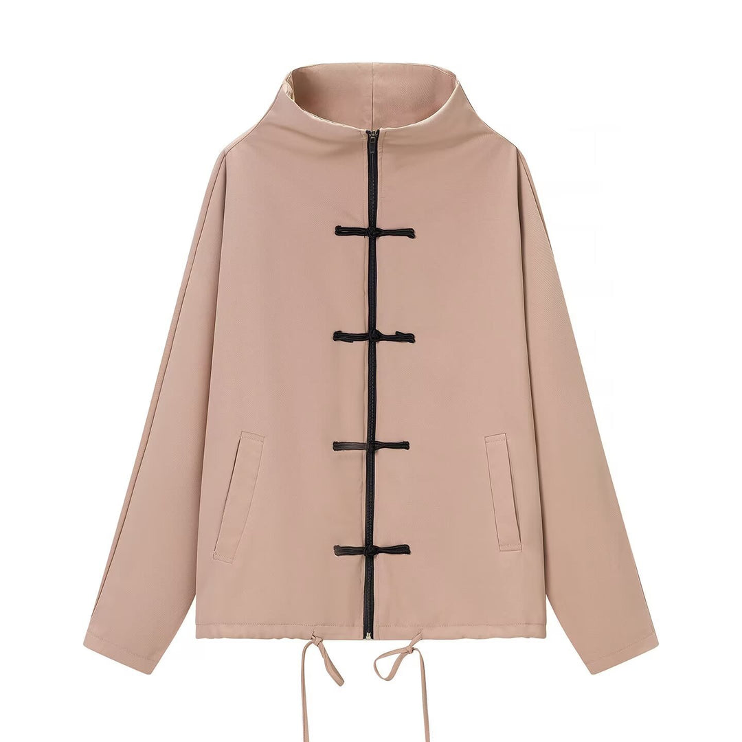 Damen leichte Boxy-Jacke mit Stehkragen, Zipper-Front, Kordelzug und dekorativen Knotenverschlüssen Nord Taschen