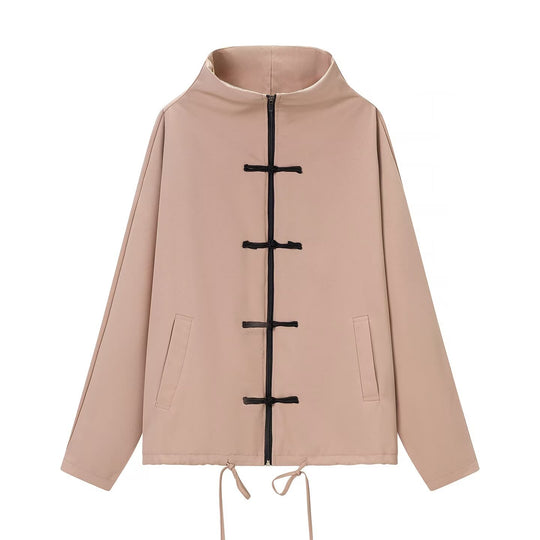 Damen leichte Boxy-Jacke mit Stehkragen, Zipper-Front, Kordelzug und dekorativen Knotenverschlüssen Nord Taschen