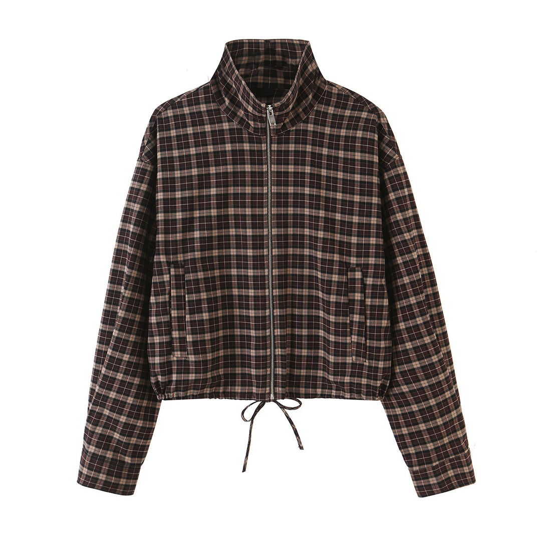 Damen Karierter Cropped-Blouson mit Stehkragen, Tunnelzugsaum und Eingrifftaschen Nord Taschen