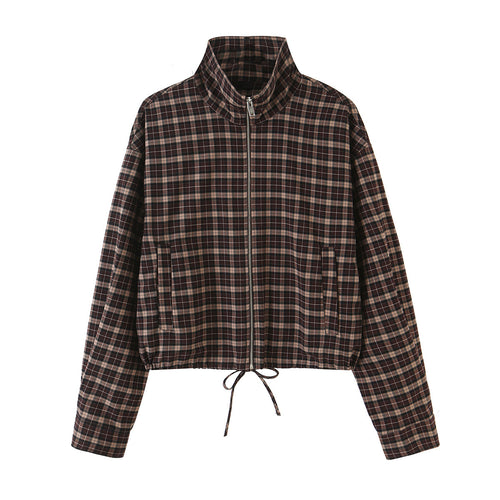 Damen Karierter Cropped-Blouson mit Stehkragen, Tunnelzugsaum und Eingrifftaschen Nord Taschen