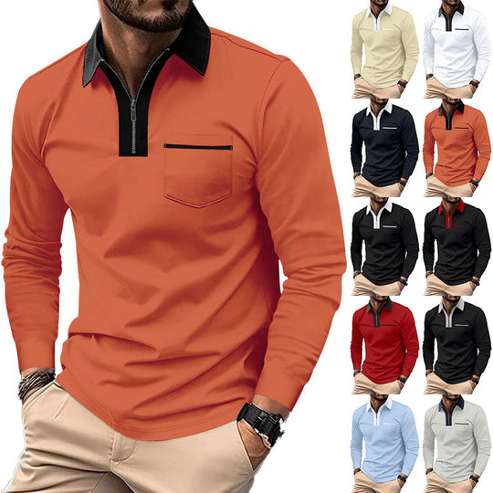 Herren nan elegantes Langarm-Poloshirt mit markantem Stehkragen Metall-Kurzreißverschluss und Brustleistentasche