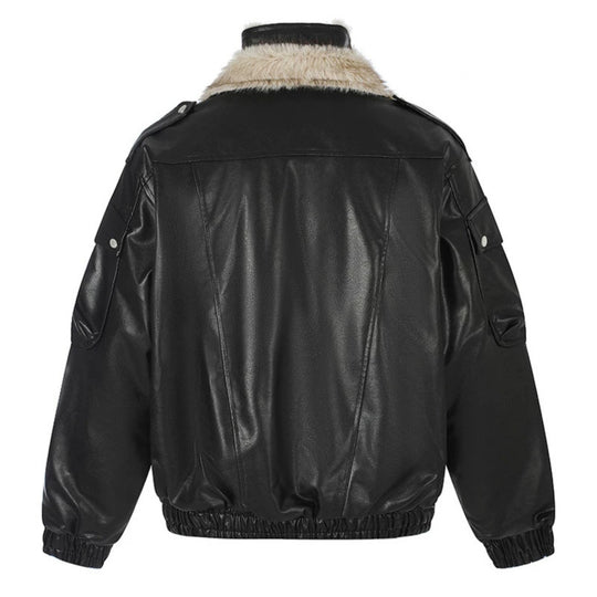 Damen Oversize Kunstleder-Fliegerjacke mit Teddyfutter und Stehkragen Nord Taschen