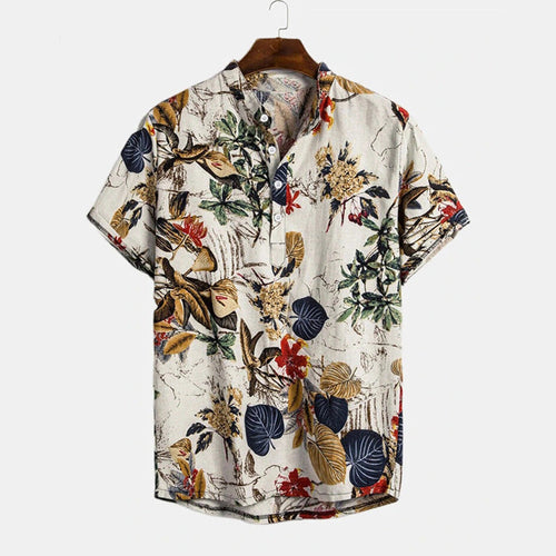 Herren Kurzarm-Henley-Hemd mit floralem Design und hochwertigem Baumwollmaterial